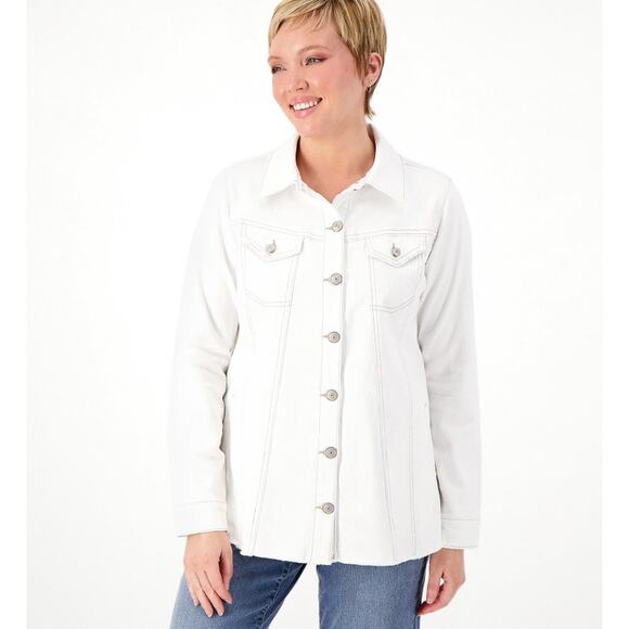 LOGO by Lori Goldstein Jeans Jacket Size 24 Plus White Color with Frayed Hem - Picture 1 of 9